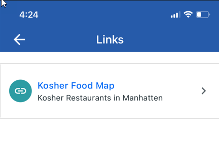 Kosher Food Map link on mobile screen