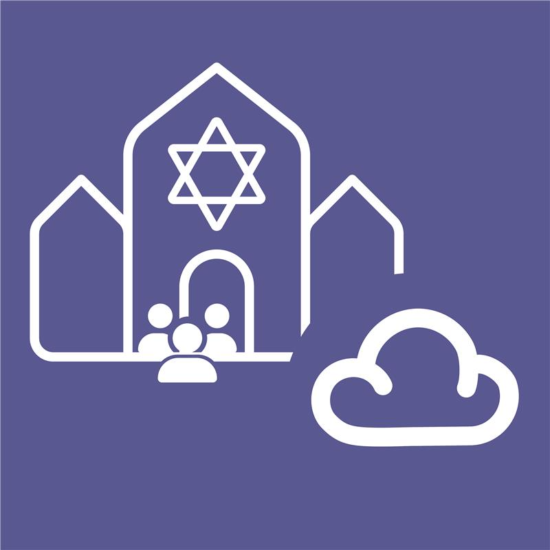 Synagogue icon with cloud and people.