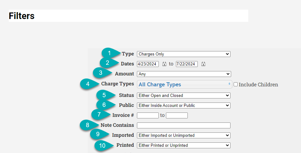 Filter options for charge types and dates.
