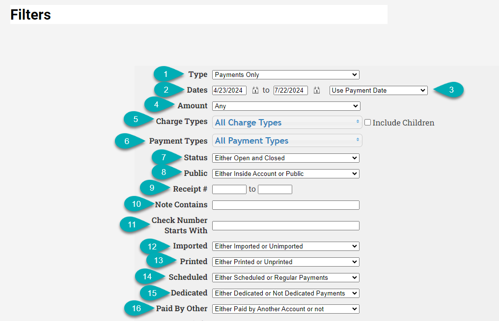 Payment filter options form interface.