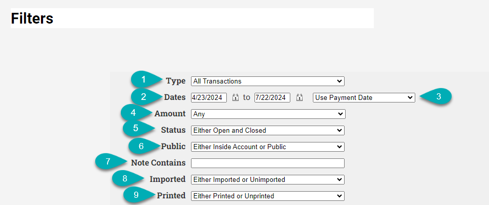 Transaction filter options interface.
