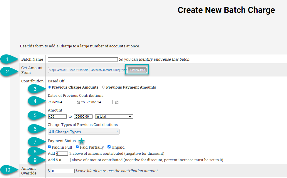 Create New Batch Charge form interface