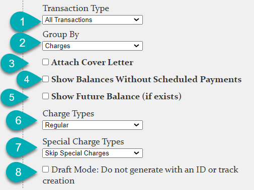 Transaction settings options list