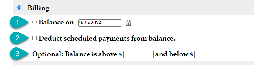 Billing options with date and balance fields.