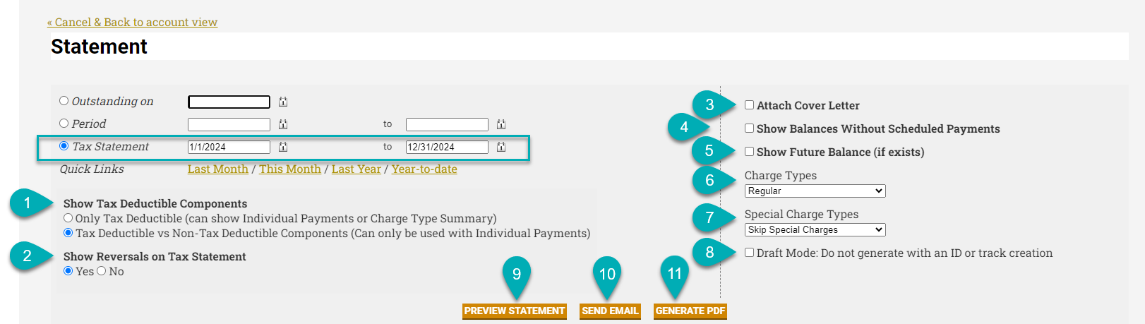 Tax statement options and settings interface.