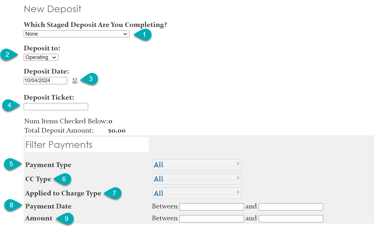 New Deposit form with filter options