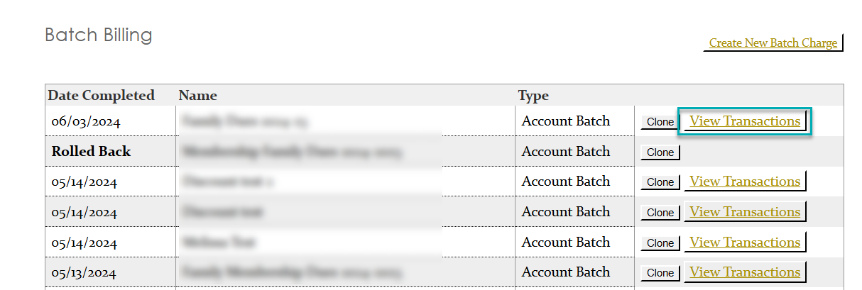 Batch billing table with transaction links.