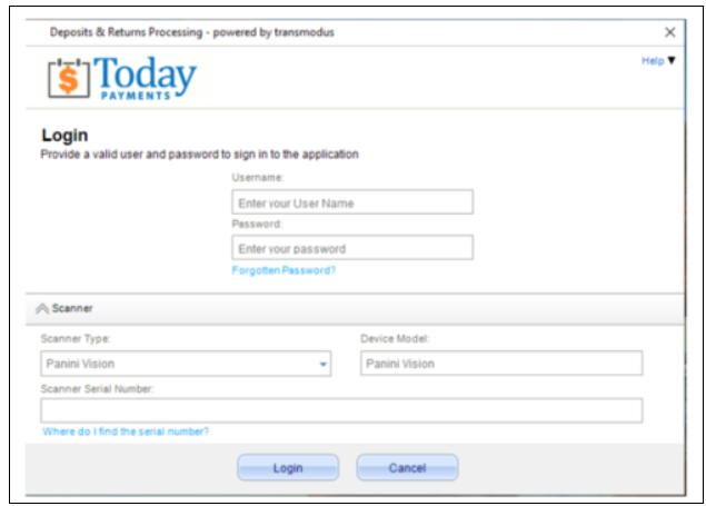 Login screen for Today Payments application.