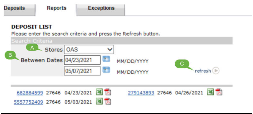 Deposit list search interface with date filters.