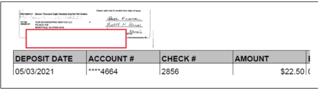 Check deposit details with account and amount.