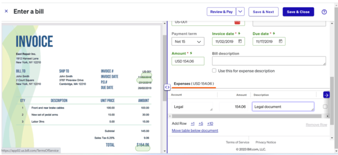 Invoice and payment entry screen.