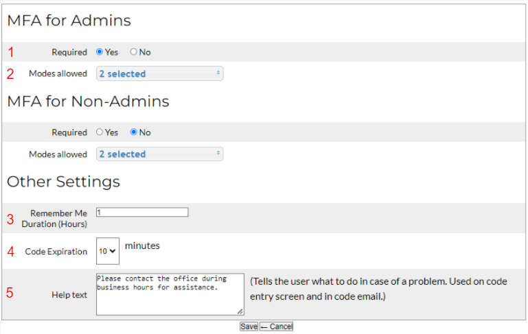 Settings page for MFA configuration