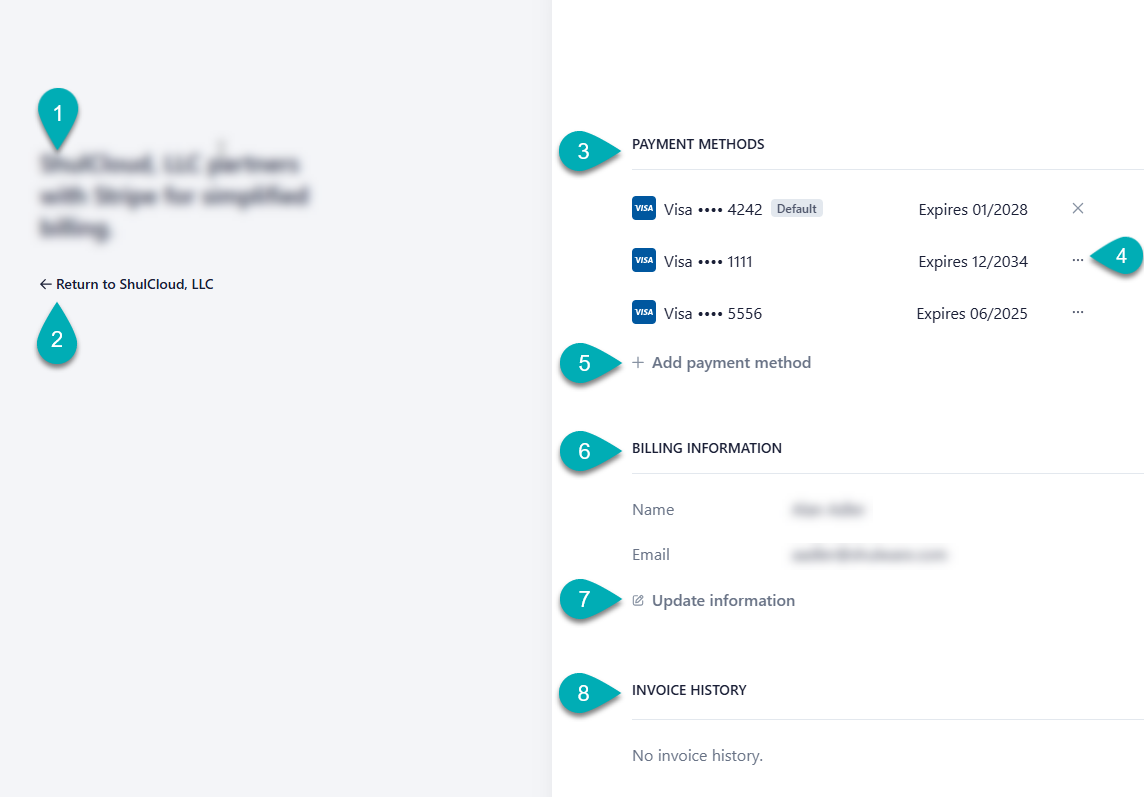 Payment methods and billing information page