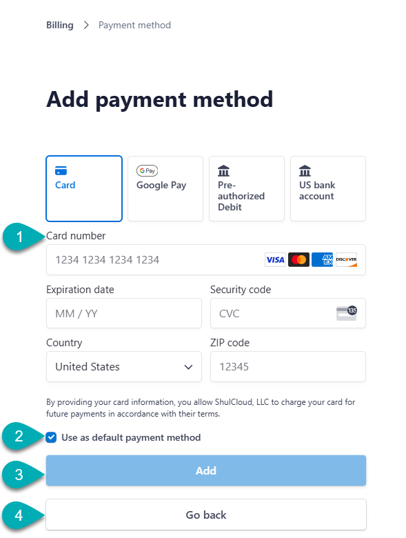 Payment method form with card details