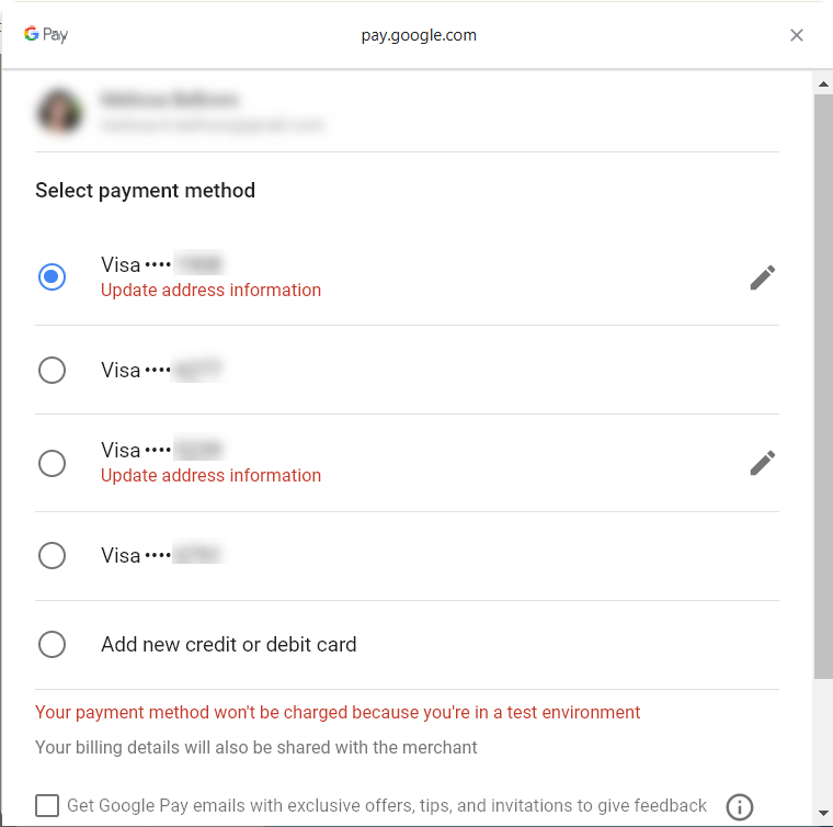 Payment method selection screen