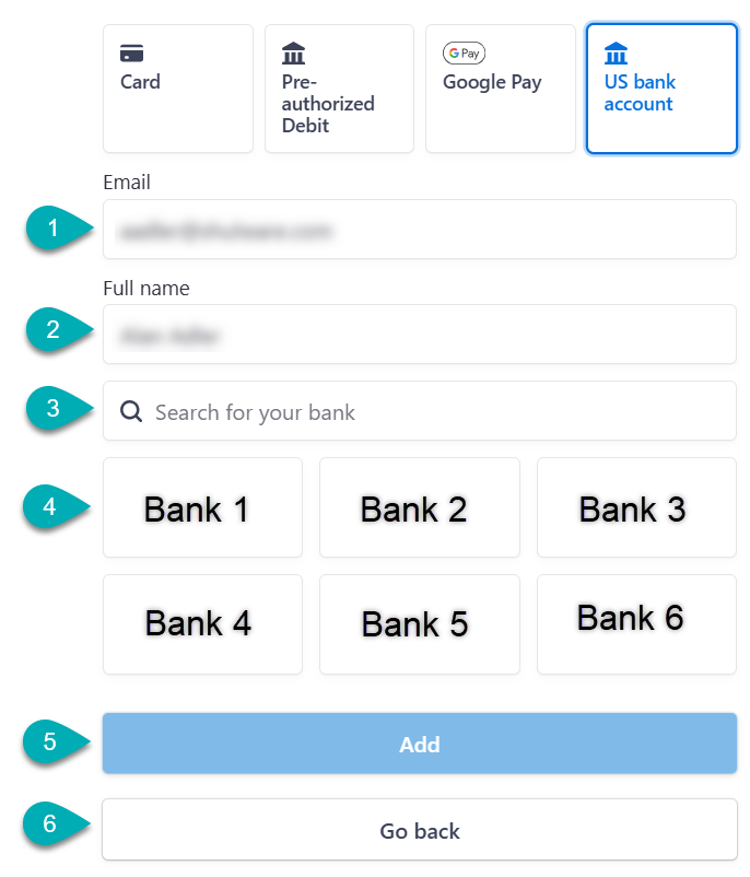 Bank account selection form interface