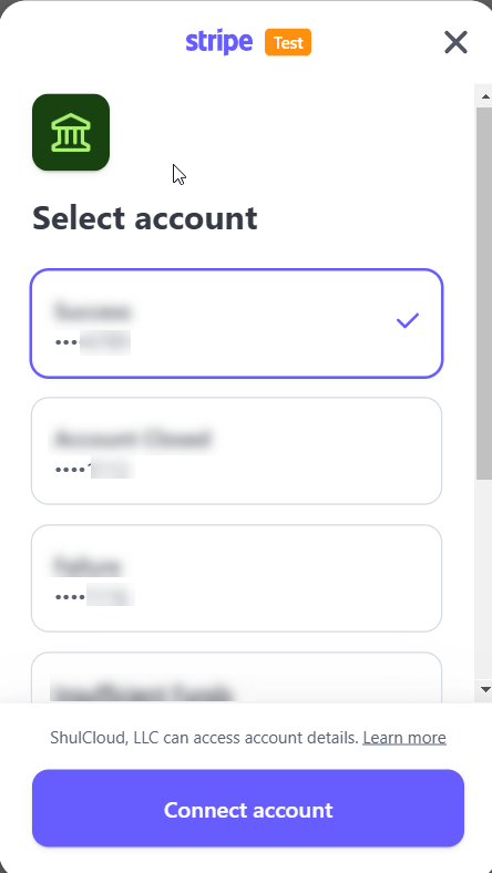 Stripe account selection interface