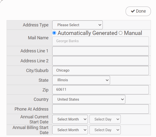 Address form with fields and dropdowns.