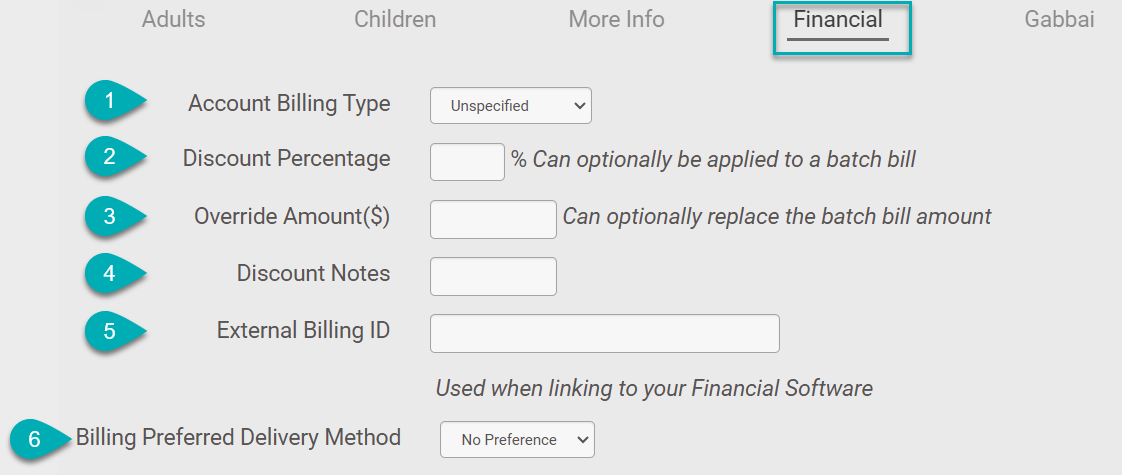 Financial settings form with billing options.