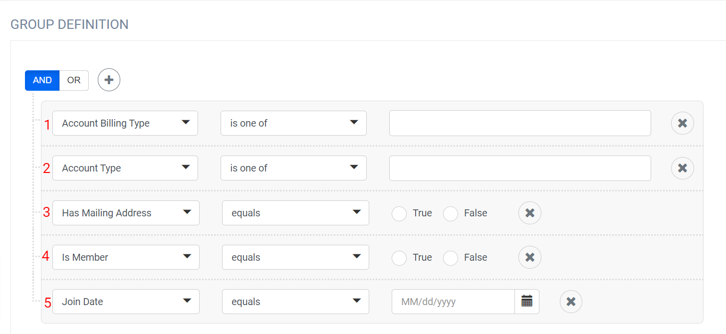 Group definition filter options interface