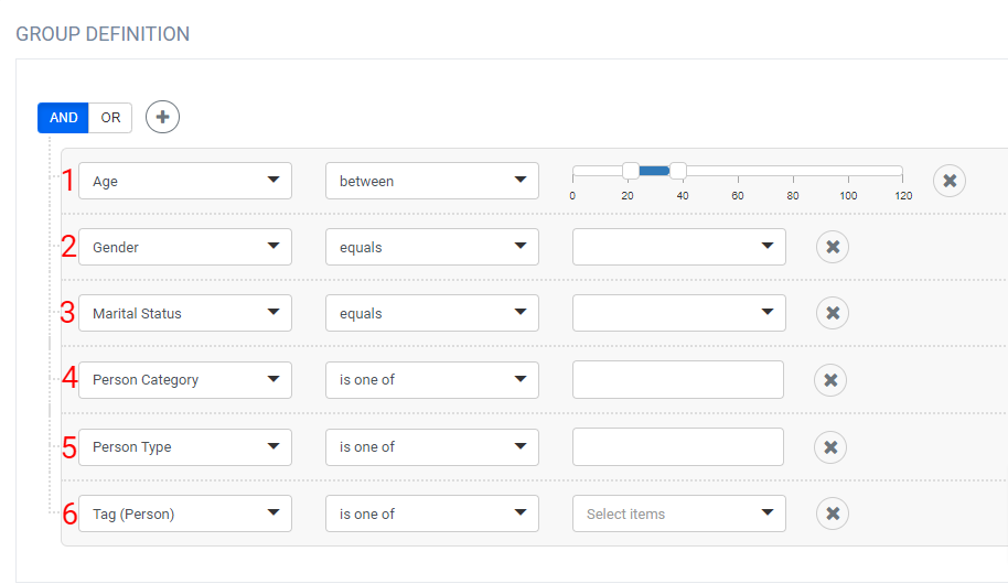 Group definition filter settings interface