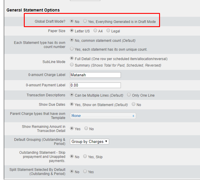 General Statement Options settings screen