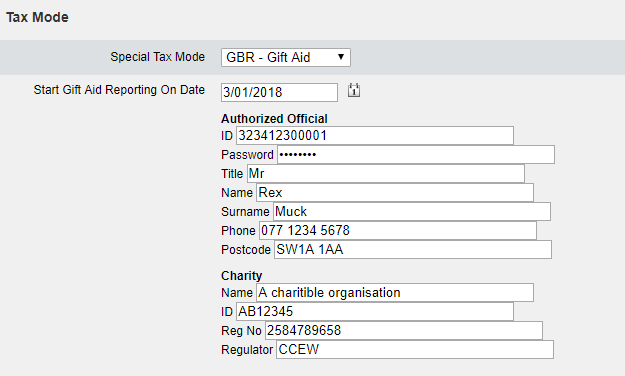 Gift Aid tax mode form with details