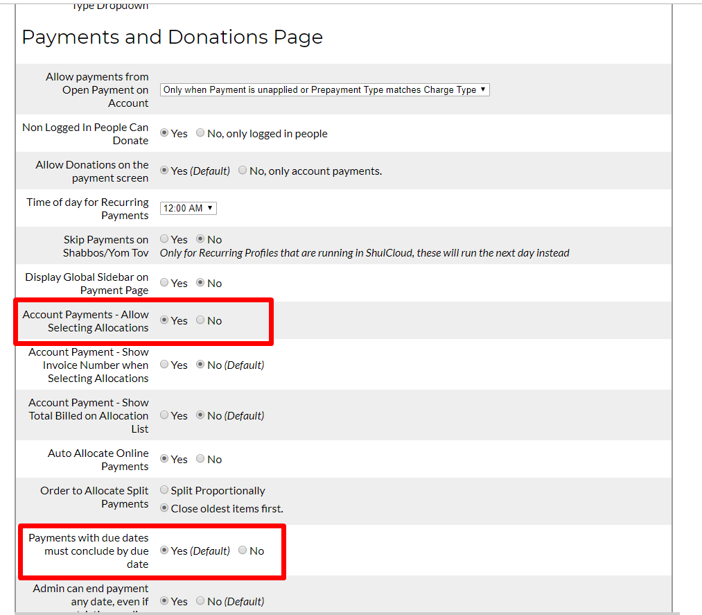 Payment settings options with red highlights.