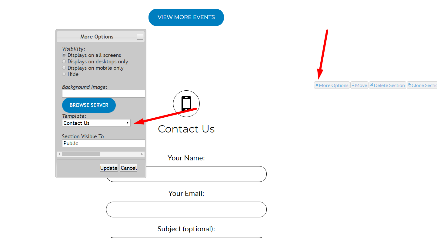 Contact Us form with options menu.