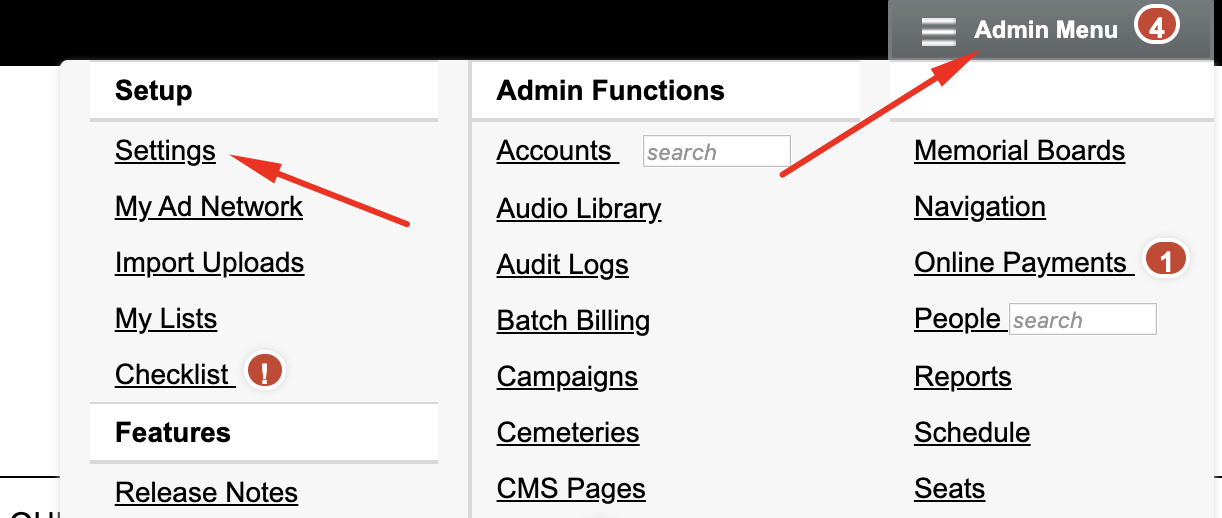 Admin menu with settings and functions list.