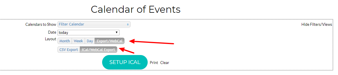 Calendar of Events export options