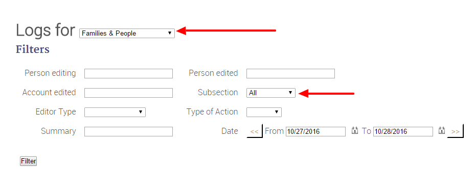 Log filter form with dropdown menus and fields.