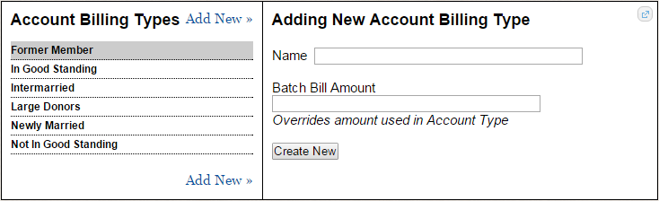 Account billing type form interface