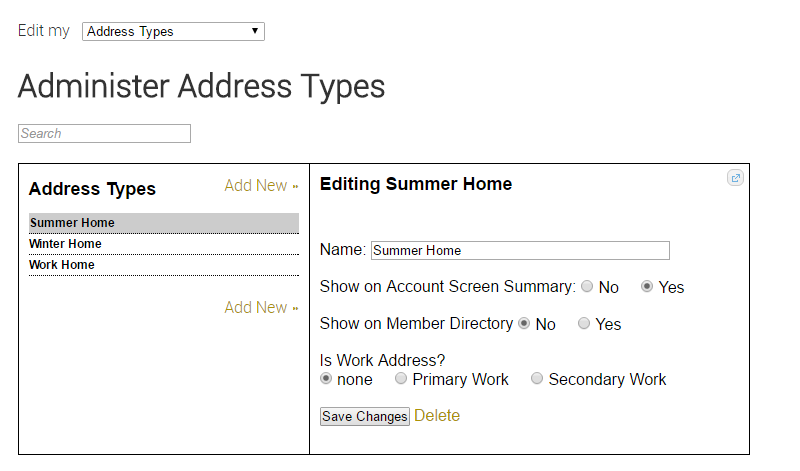 Administer Address Types interface screen.