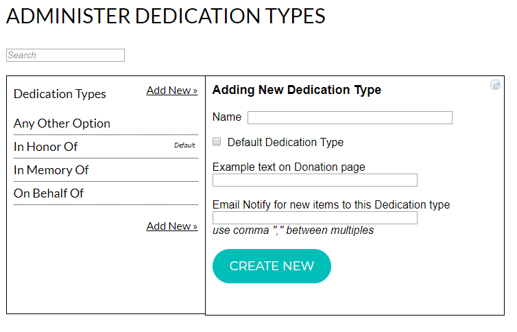 Administer Dedication Types interface screen.