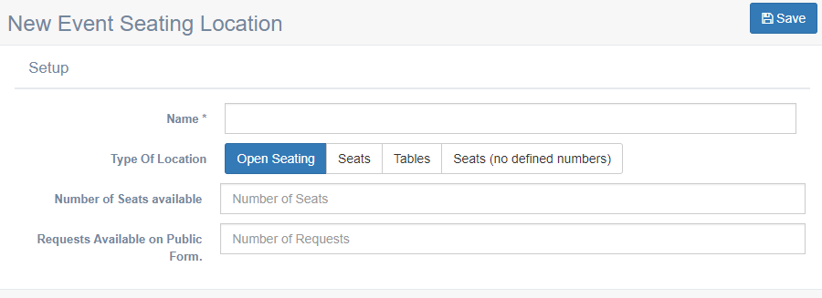 Event seating location setup form interface.