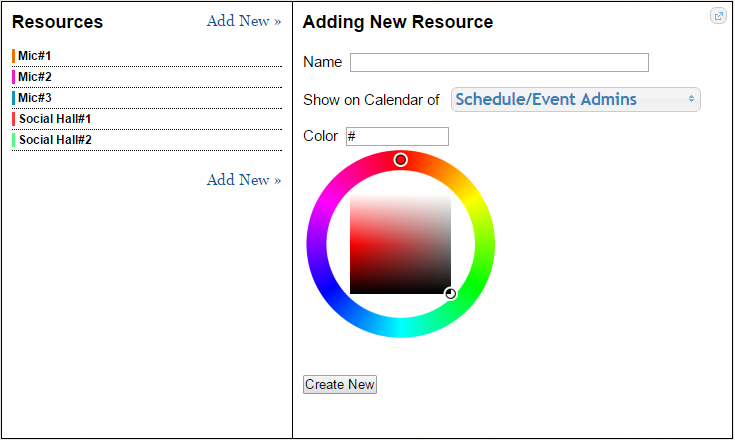 Resource management interface with color selector.