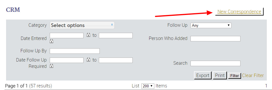 CRM interface with filter options