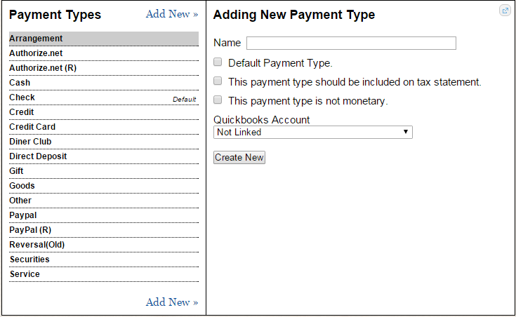 Payment types and new payment type form.