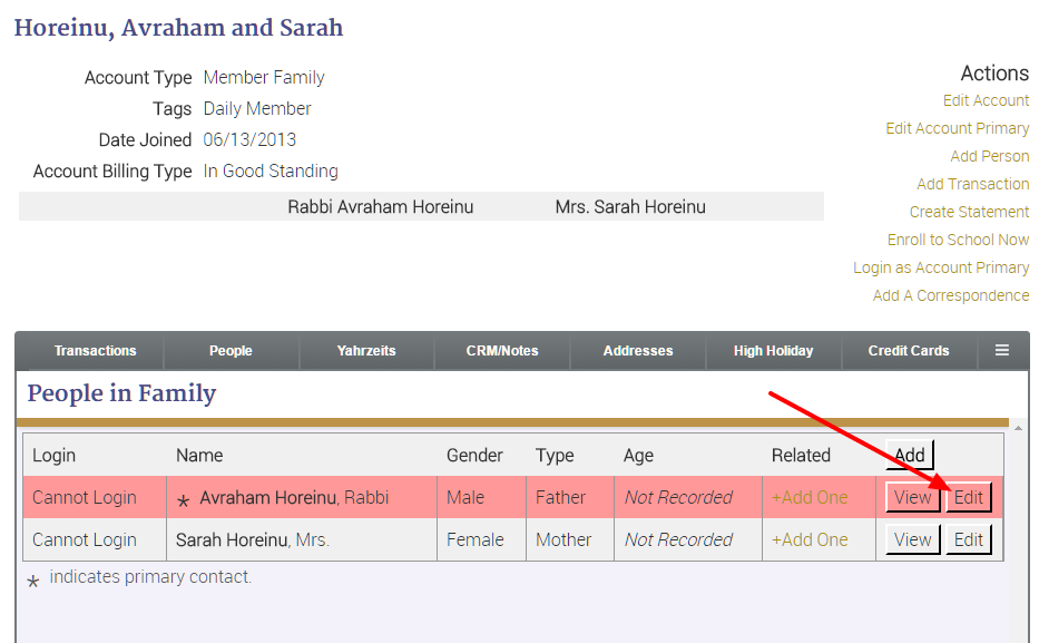 Family account details and edit options.