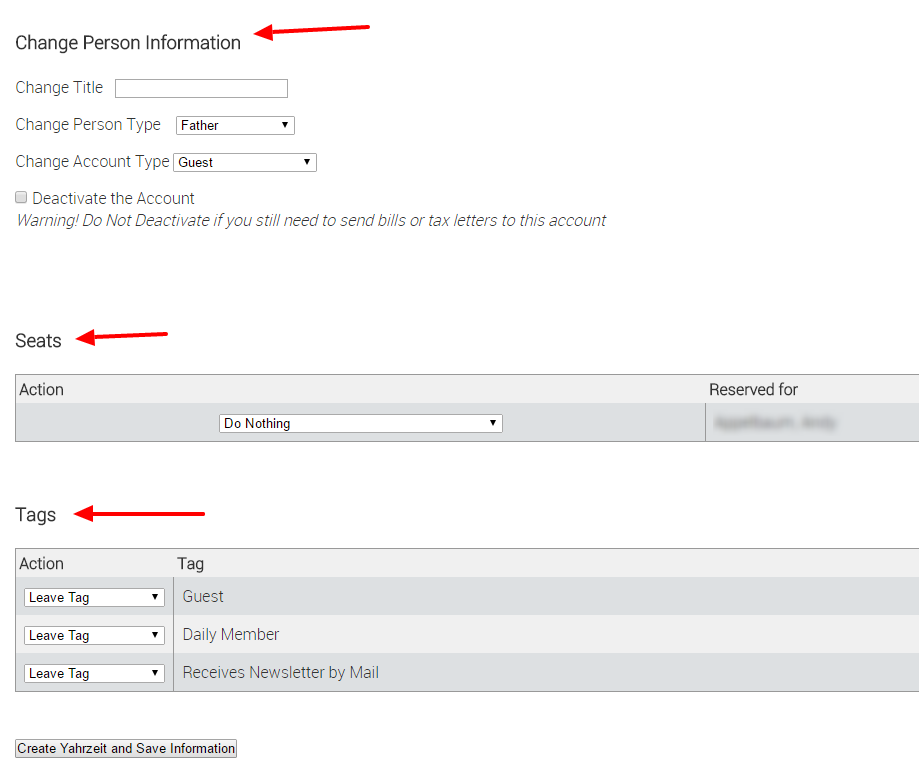 Form for changing person information and tags.