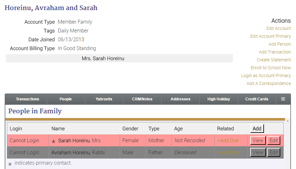 Family account details and actions menu.