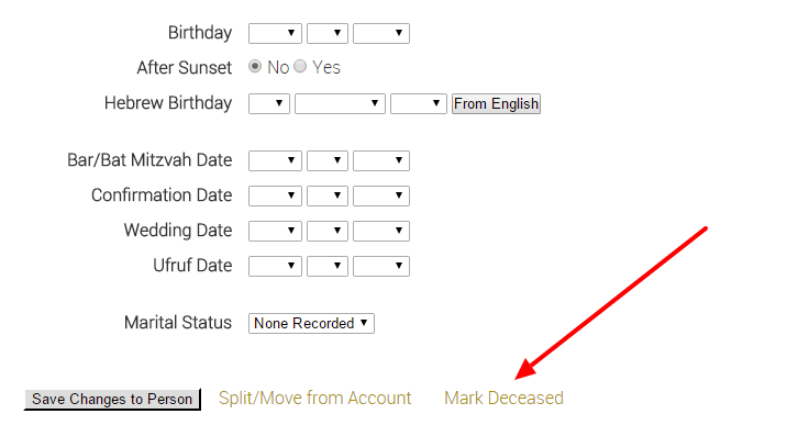 Mark Deceased" button highlighted with arrow.