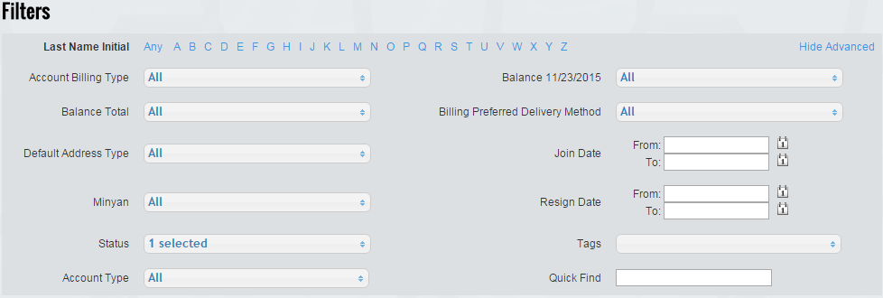 Filter options for account management.