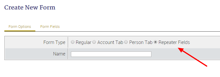 Form creation interface with options.