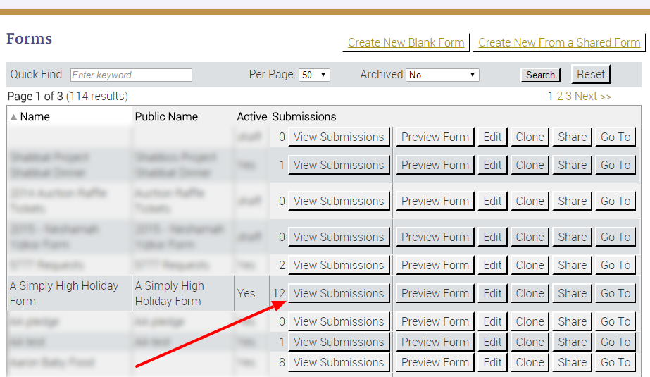 Forms list with highlighted submission count.