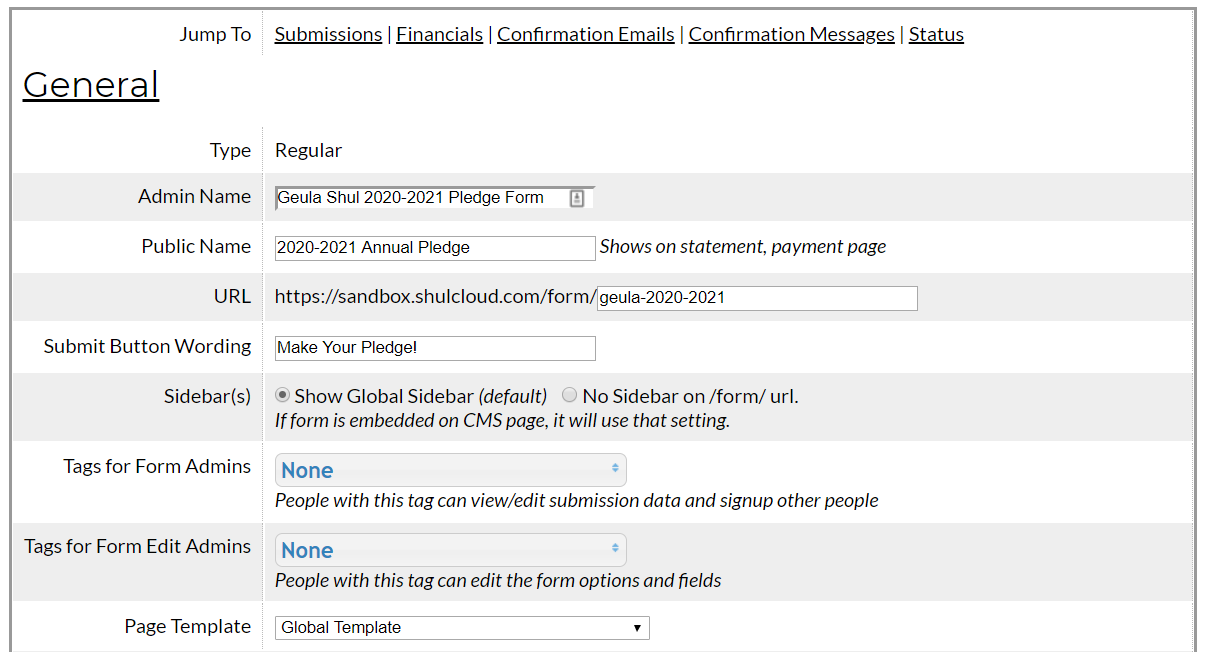 Form settings for Geula Shul pledge 2020-2021.