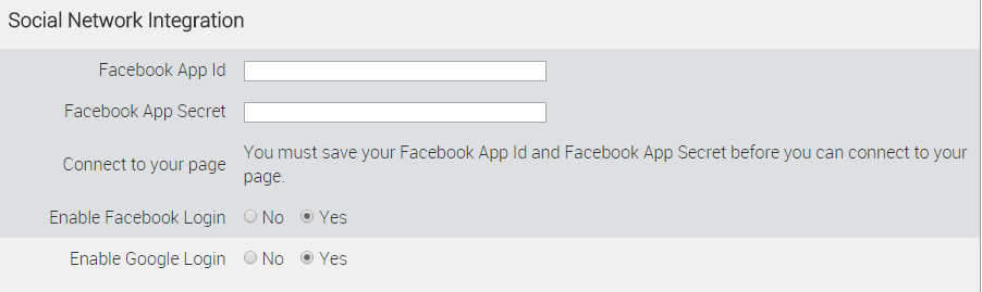 Social network integration settings form.