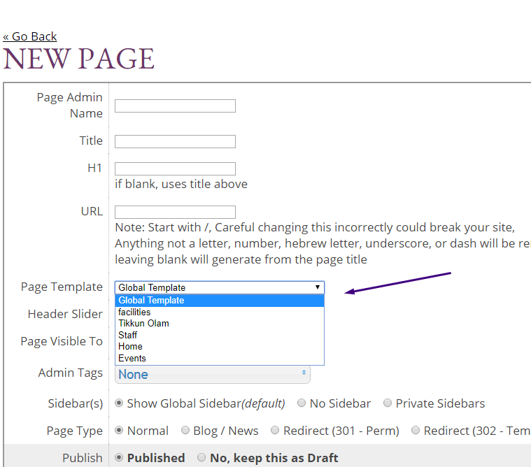New page creation form with dropdown menu.