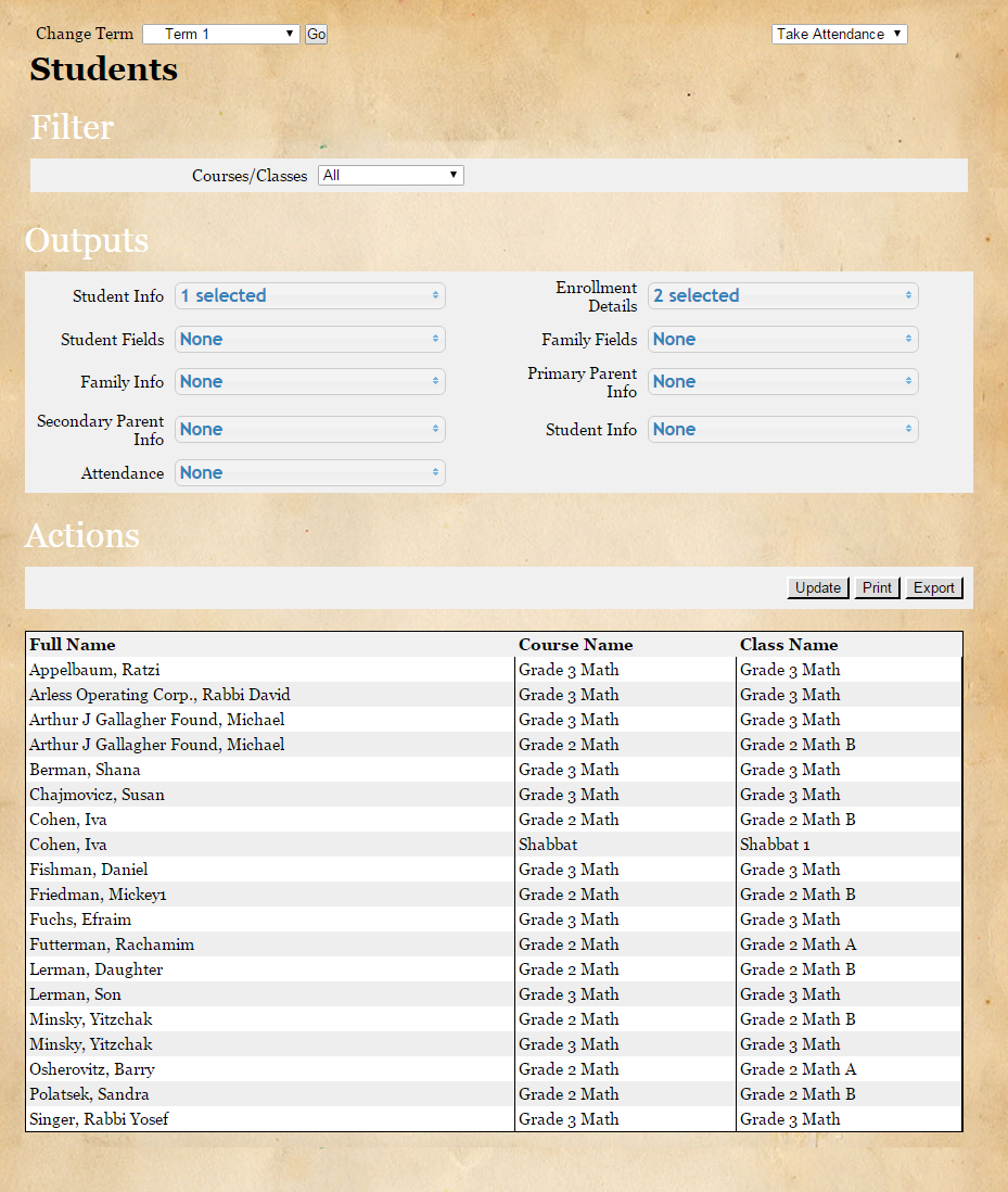 Student course list and filter options